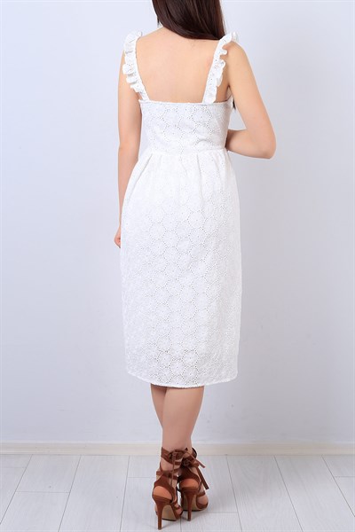 Beyaz Lazer Kesim Desenli Askılı Elbise 13616B