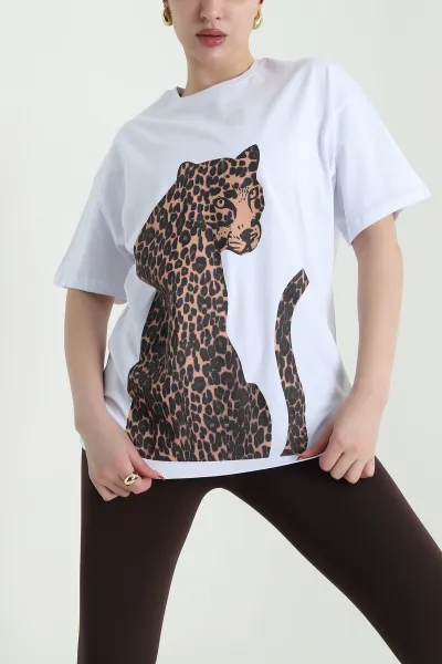 Beyaz Leopar Baskılı Süprem Kadın Tişört 440872