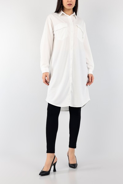 Beyaz Lia Dokuma Cepli Tunik Elbise 100011