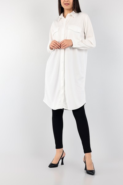 Beyaz Lia Dokuma Cepli Tunik Elbise 100011