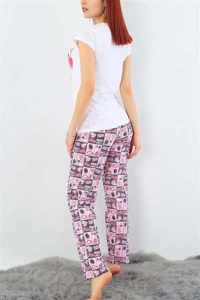 Beyaz Likralı Baskılı Pijama Takımı 32085