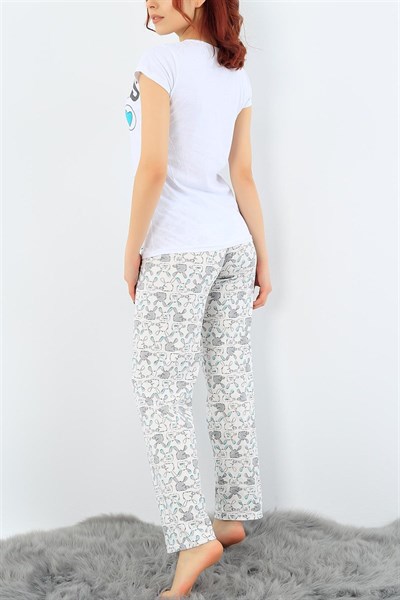 Beyaz Likralı Baskılı Pijama Takımı 32083