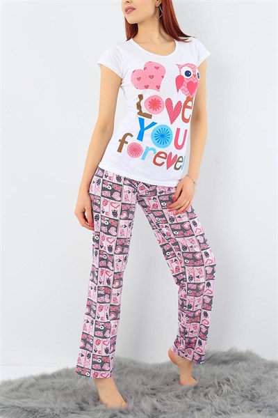 Beyaz Likralı Baskılı Pijama Takımı 32085