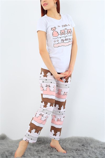Beyaz Likralı Baskılı Pijama Takımı 32184