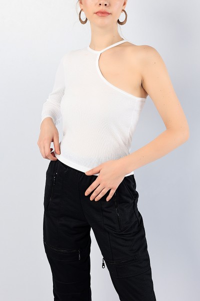 Beyaz Likralı Fitilli Tek Kol Body Bluz 77328