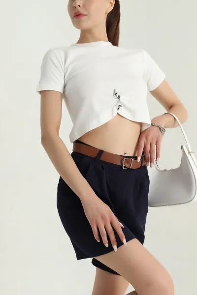 Beyaz Likralı İnterlok Kadın Crop Bluz 378667