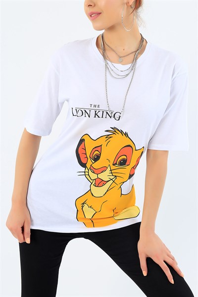Beyaz Lion King Baskılı Bayan Tişört 32868
