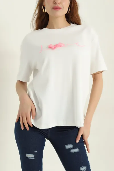 Beyaz Love Baskılı Fiyonklu  Süprem Kadın Tişört 366885