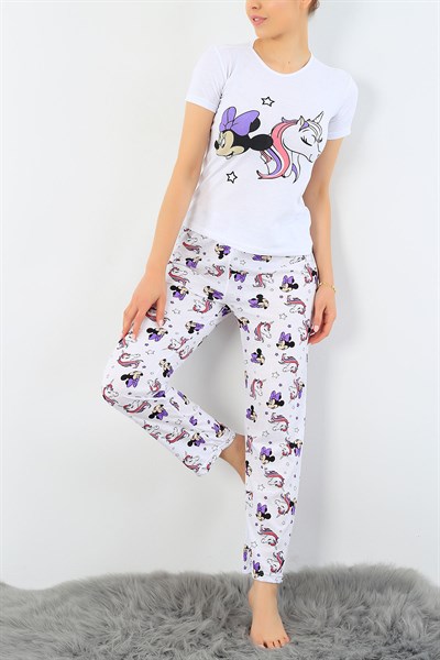 Beyaz Mickey Baskılı Bayan Pijama Takımı 33406