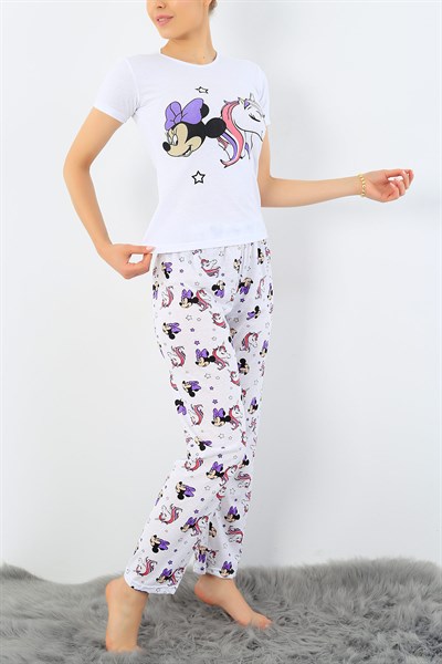 Beyaz Mickey Baskılı Bayan Pijama Takımı 33406