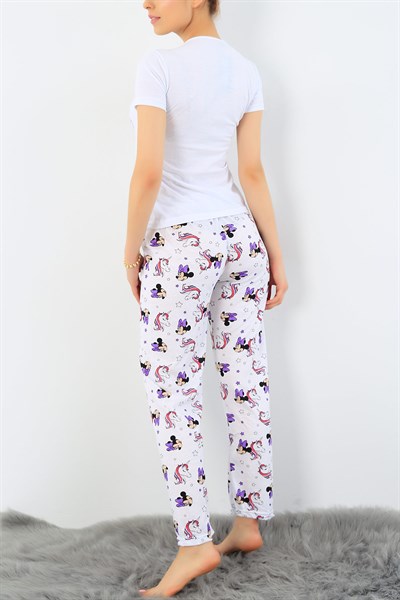 Beyaz Mickey Baskılı Bayan Pijama Takımı 33406