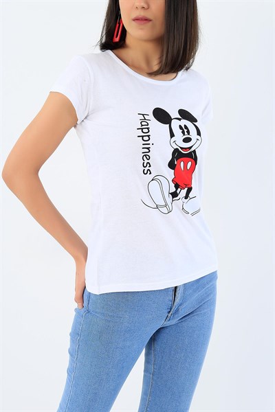 Beyaz Mickey Mouse Baskılı Bayan Tişört 32273