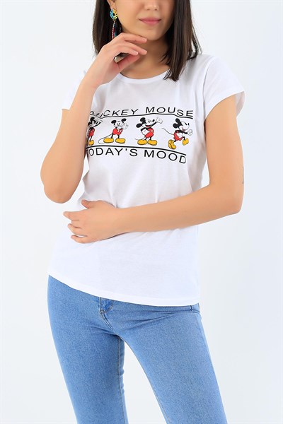 Beyaz Mickey Mouse Baskılı Bayan Tişört 32278