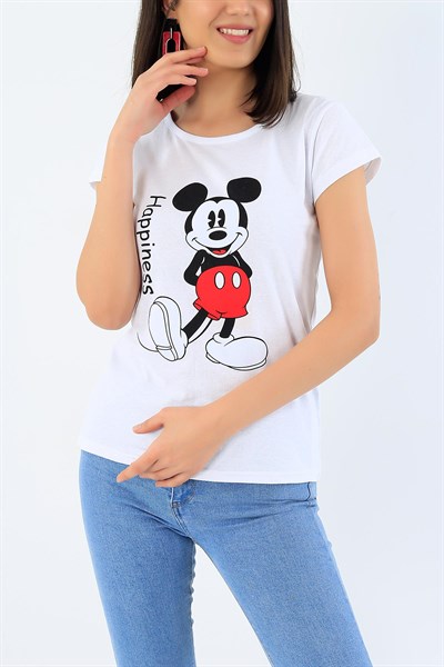 Beyaz Mickey Mouse Baskılı Bayan Tişört 32273