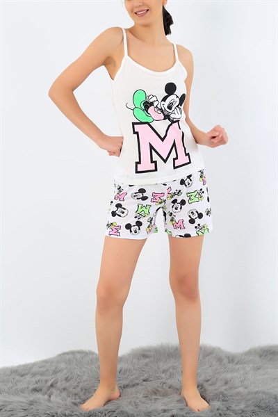 Beyaz Mickey Mouse Baskılı Pijama Takımı 32703