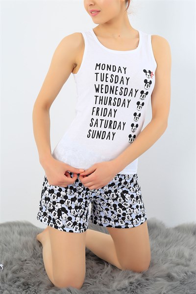 Beyaz Mickey Mouse Baskılı Pijama Takımı 32707