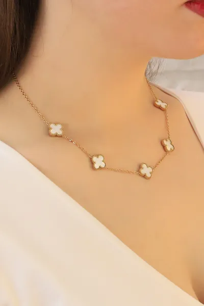 Beyaz Mineli Gold Van Cleef Çelik Kolye 415668