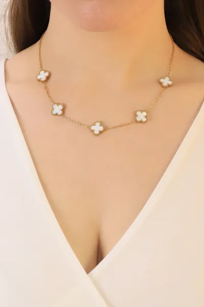 Beyaz Mineli Gold Van Cleef Çelik Kolye 415668