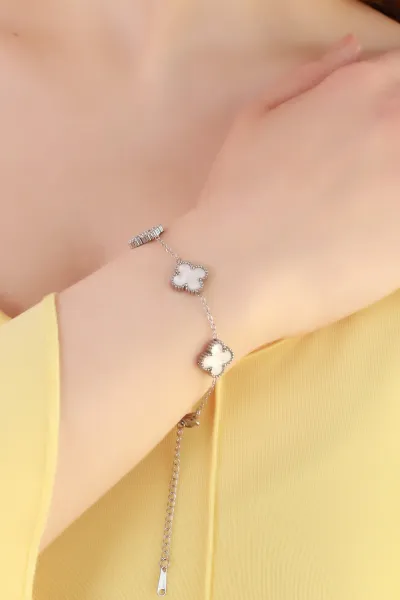 Beyaz Mineli Gümüş Van Cleef Çelik Bileklik 415676