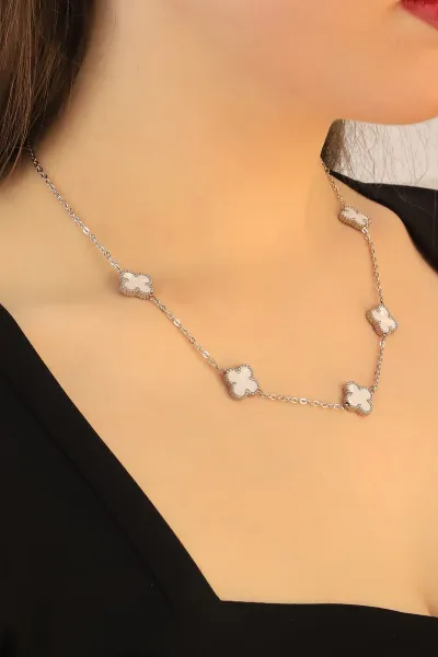 Beyaz Mineli Gümüş Van Cleef Çelik Kolye 415670