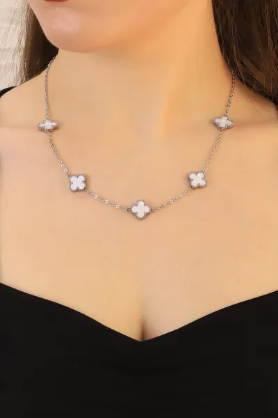 Beyaz Mineli Gümüş Van Cleef Çelik Kolye 415670