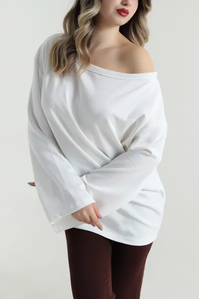 Beyaz Modal Kayık Yaka Kadın Bluz 496121