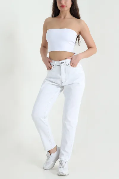 Beyaz Mom Kadın Kot Pantolon 456819