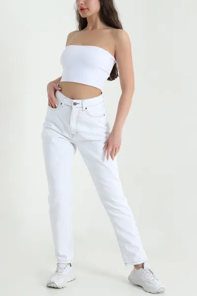 Beyaz Mom Kadın Kot Pantolon 456819