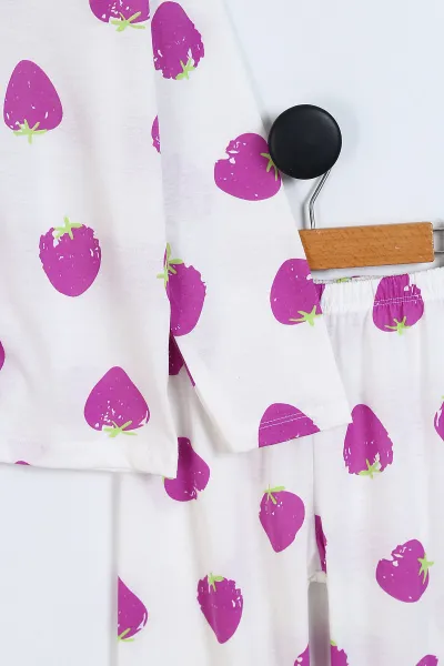 Beyaz Mor (3-8 Yaş) Çilek Baskılı Ön Düğmeli Kız Çocuk Pijama Takım 337881