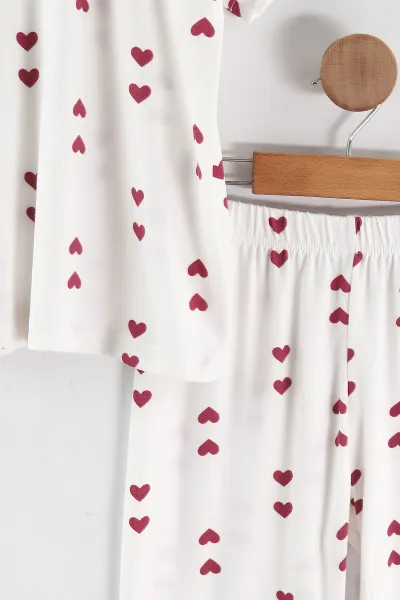 Beyaz Mor (4-16 Yaş)Kalp   Desenli Kız Çocuk Pijama Takım 466327