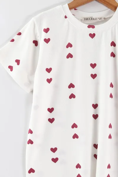 Beyaz Mor (4-16 Yaş)Kalp   Desenli Kız Çocuk Pijama Takım 466327