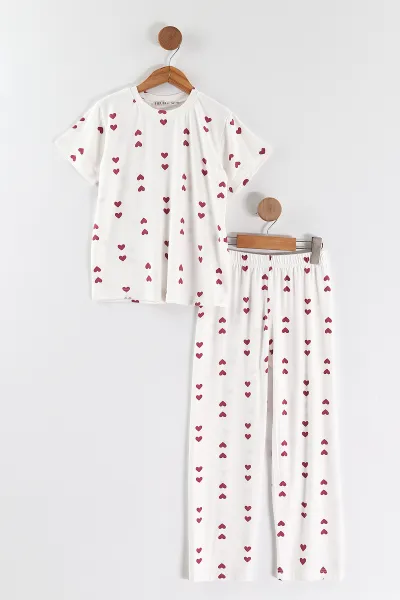 Beyaz Mor (4-16 Yaş)Kalp   Desenli Kız Çocuk Pijama Takım 466327