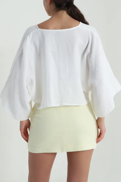 Beyaz Müslin Keten Kadın Kimono Bluz 457344