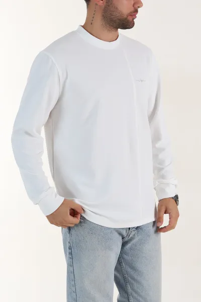 Beyaz Nakış Detaylı Bisiklet Yaka Erkek Sweatshirt 396259