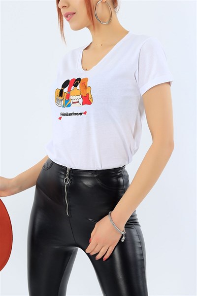 Beyaz Nakış İşlemeli Bayan Tişört 31740