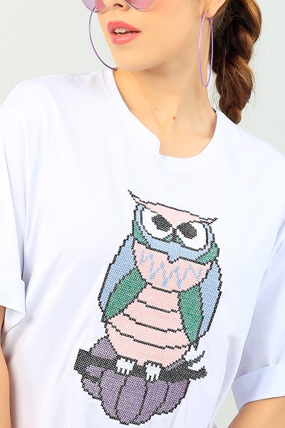Beyaz Nakış İşlemeli Bayan Tişört 71763