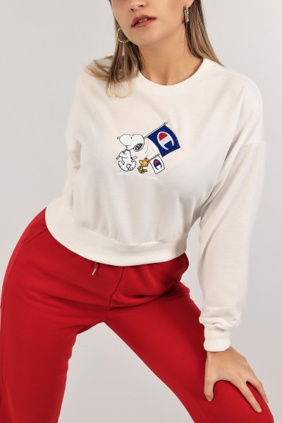 Beyaz Nakışlı Bayan Sweat 141327