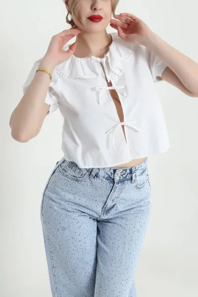 Beyaz Nakışlı Bebe Yaka Poplin Kadın Bluz 441247