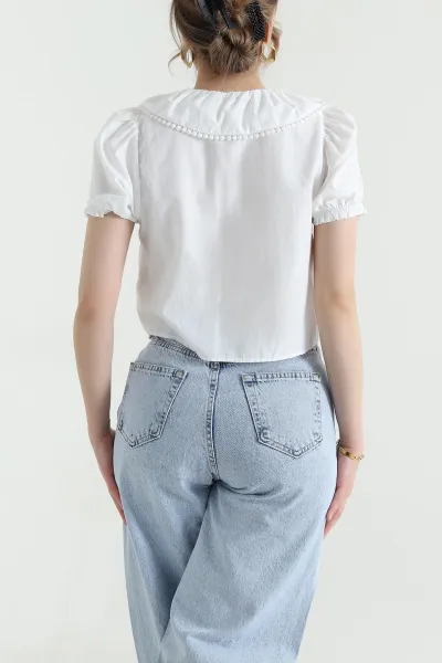 Beyaz Nakışlı Bebe Yaka Poplin Kadın Bluz 441247