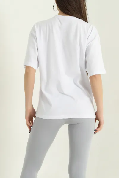 Beyaz Nakışlı Bisiklet Yaka Oversize Bayan Süprem Tişört 337260