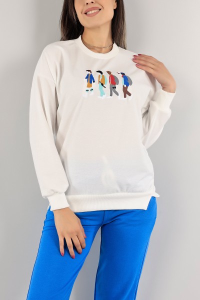 Beyaz Nakışlı İki İp Sweat 132097