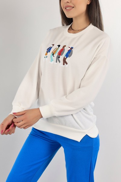 Beyaz Nakışlı İki İp Sweat 132097