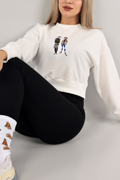 Beyaz Nakışlı İki İp Sweat 141274