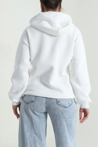 Beyaz Nakışlı Kapşonlu Üç İp Kadın Sweat 492606