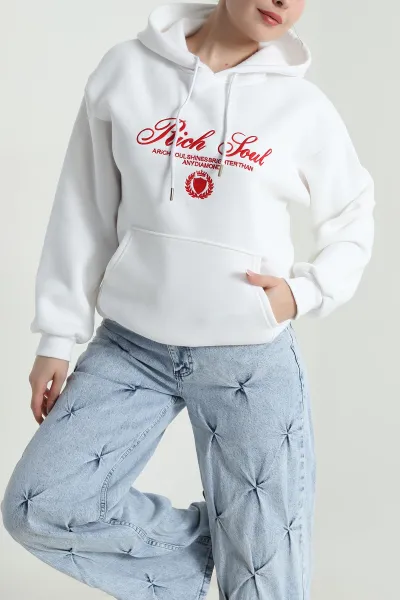 Beyaz Nakışlı Kapşonlu Üç İp Kadın Sweat 492606