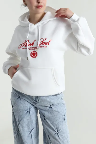 Beyaz Nakışlı Kapşonlu Üç İp Kadın Sweat 492606