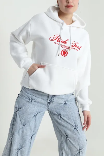 Beyaz Nakışlı Kapşonlu Üç İp Kadın Sweat 492606