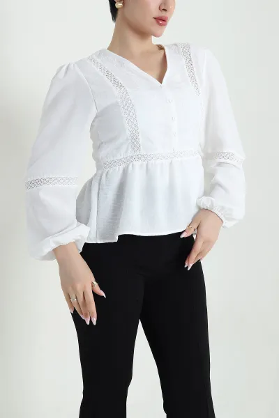 Beyaz Nakışlı Keten Kadın Bluz 457303