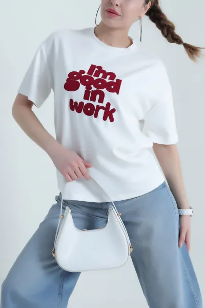 Beyaz Nakışlı Modal Kadın Tişört 438263