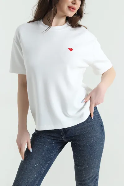 Beyaz Nakışlı Modal Kadın Tişört 446995
